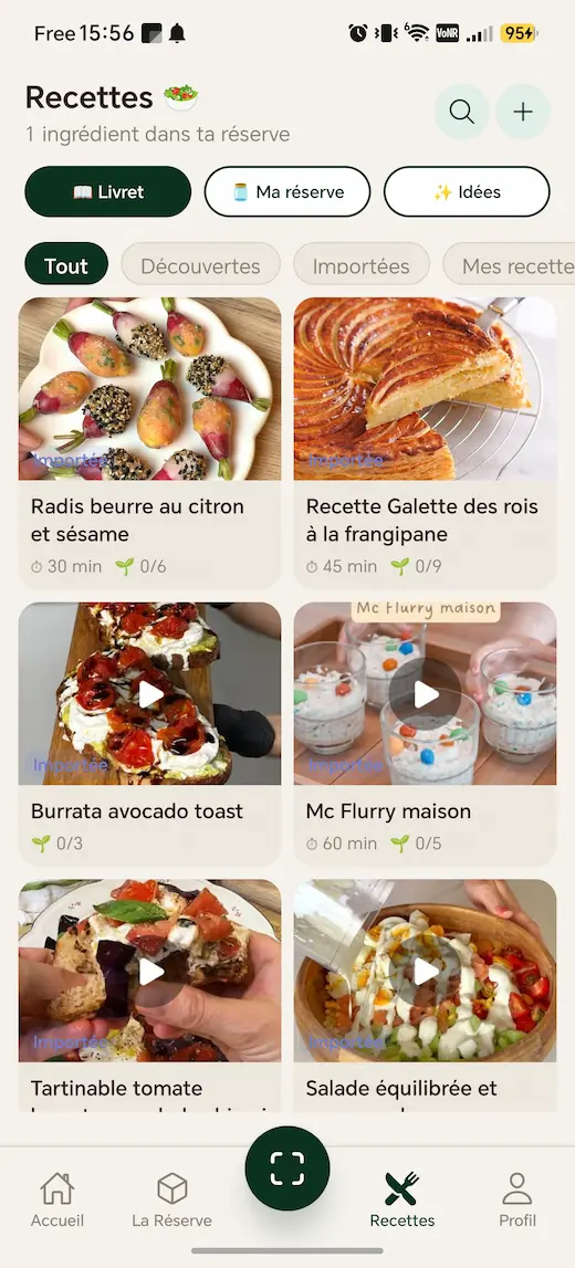 Onglet Recettes dans Claveo : livret de recettes importées avec photos